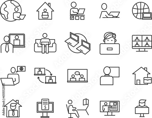 Set of work place related icons, working, remote work, video conference, coworkin, freelancer, home office and linear variety vectors.