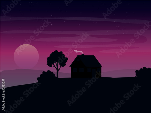 midnight moon rising landscape home on hill vector