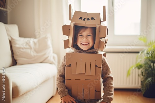 kid smiling cheerful enjoy weekend with handmade robot costume from cardbox funny and exited happiness hobby at home