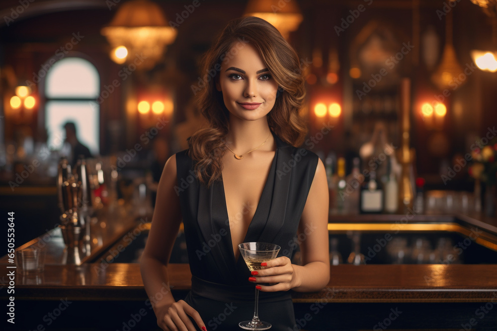 beautiful woman in bar - obrazy, fototapety, plakaty 