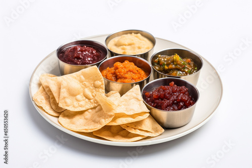 poppadom's and chutneys isolated on white 