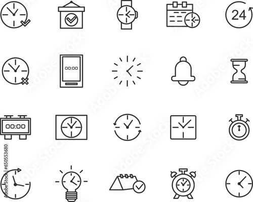 Simple Set of Time Related Vector Line Icons. Contains such Icons as Time Inspection, Log, Calendar and more. Editable Stroke.