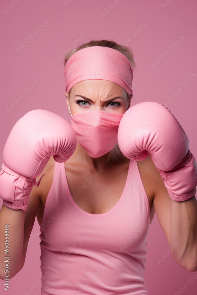 breast cancer awareness month: woman in pink sports clothes punching with pink boxer gloves breast cancer awareness month: woman in pink sports clothes punching with pink boxer gloves