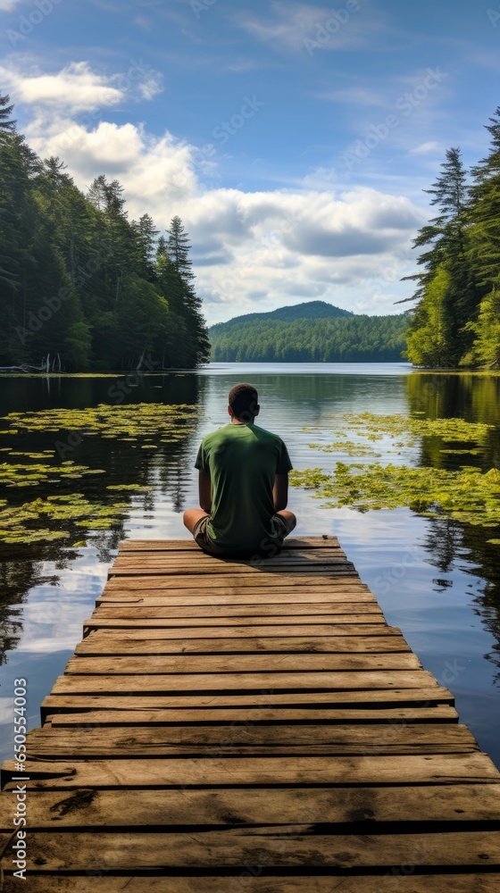 peaceful alone male man adult traveller sit casual relax on wooden deck at the end of deck with stunning reflecting lake with beautiful day nature travel concept