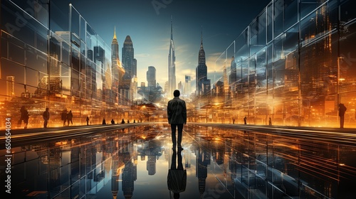 businessman standing in modern skycraper high office building night city scapebokeh light vision and mission business strategy ideas concept