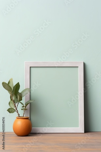 A horizontal frame mockup on a light mint background with a textured wooden board. AI generated