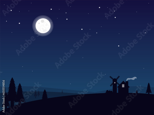 sky with stars moon rising house on hill and trees landscape vector