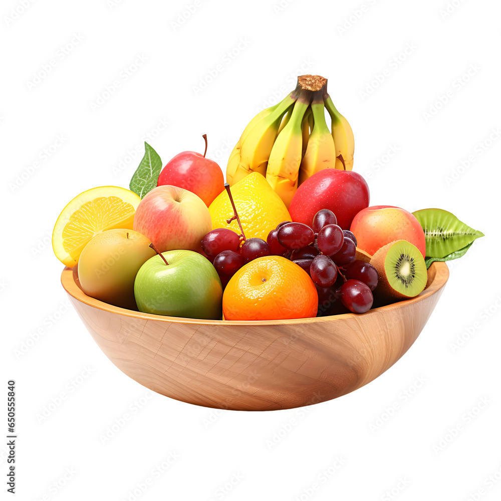 front view close up of colorful fruit display in a wooden bowl isolated on a transparent white background front view close up of colorful fruit display in a wooden bowl isolated on a transparent white background