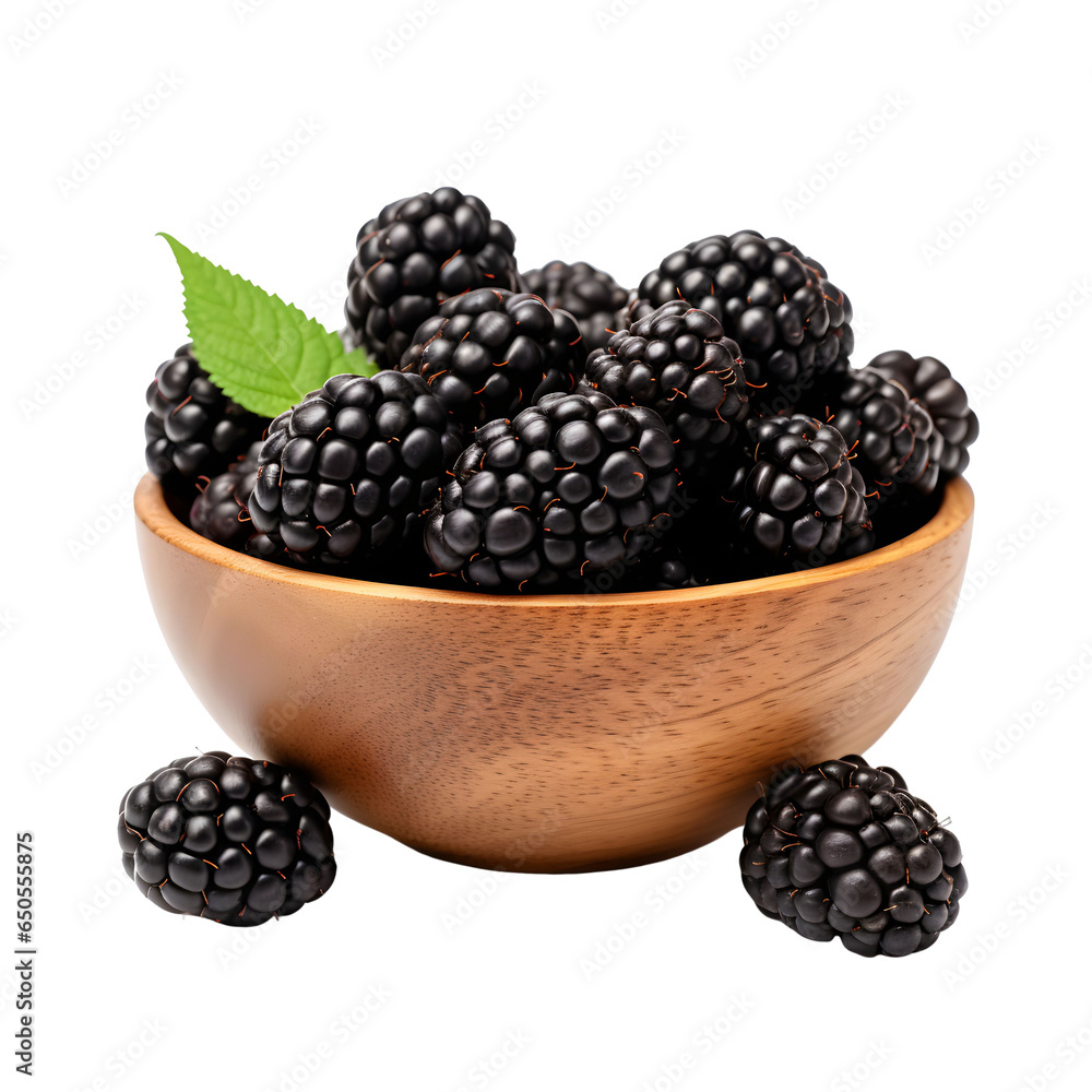 front view close up of blackberries fruit in a wooden bowl isolated on a transparent white background front view close up of blackberries fruit in a wooden bowl isolated on a transparent white background