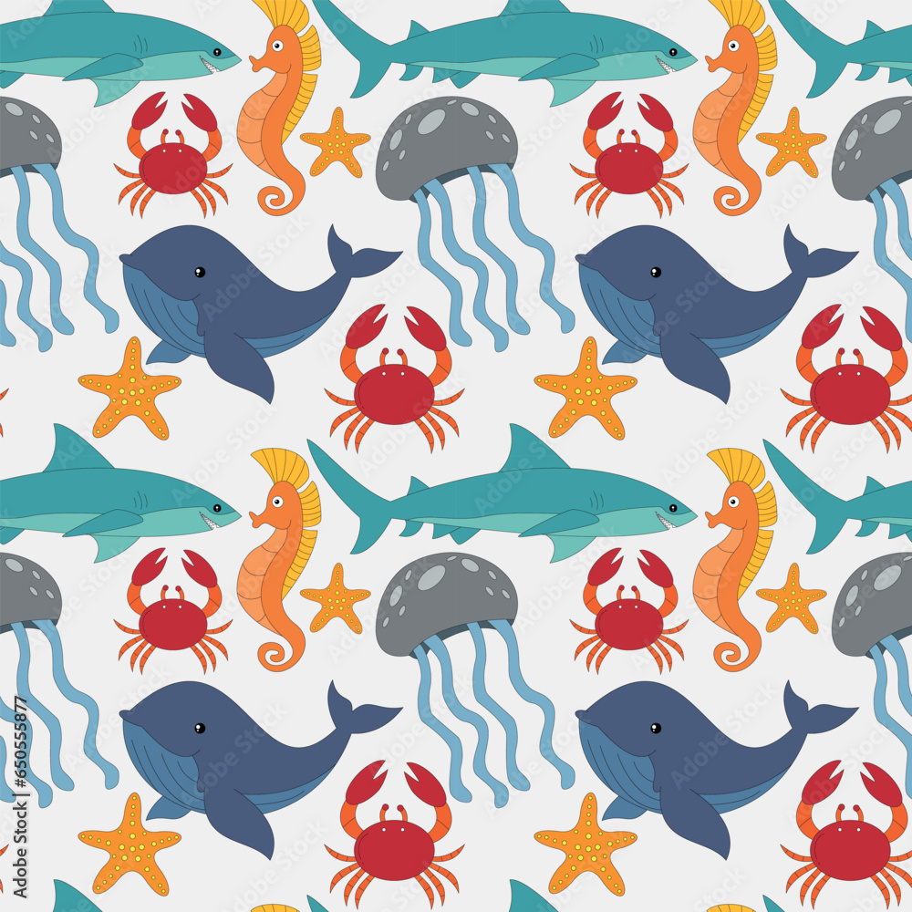 Aquatic life seamless pattern. sea animals. whale, shark, crab, sea horse Aquatic life seamless pattern. sea animals. whale, shark, crab, sea horse