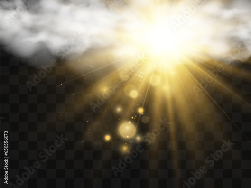 Vector illustration of the sun shining through the clouds. Sunlight. Cloudy vector.