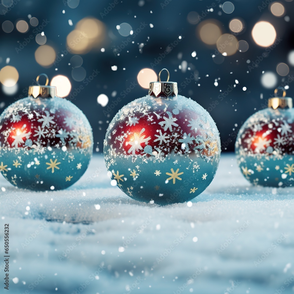 Festive Christmas scene with decor in snow over blurred bokeh background and copy space for your xmas greetings. Festive Christmas scene with decor in snow over blurred bokeh background and copy space for your xmas greetings.