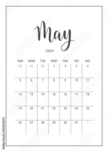 Vector Calendar Planner for May 2024. Handwritten lettering. Week Starts Sunday. Stationery Design for Printable. Objects Isolated on White Background.