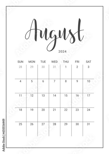 Vector Calendar Planner for August 2024. Handwritten lettering. Week Starts Sunday. Stationery Design for Printable. Objects Isolated on White Background.