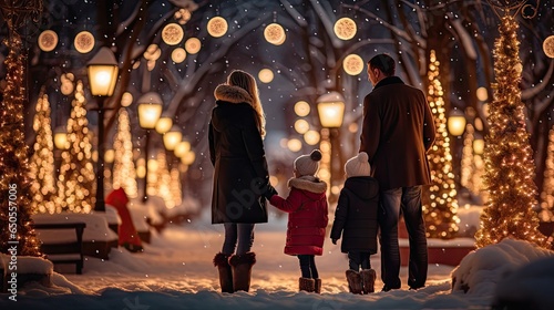Family, parents and children in a beautiful winter garden with Christmas lights on the trees in the evening
