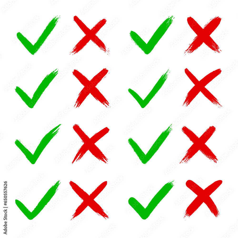 Dirty grunge hand drawn with brush strokes cross X and tick OK check marks V vector illustration set isolated on white background. Check mark symbol NO and YES buttons for vote in the box, web, etc Dirty grunge hand drawn with brush strokes cross X and tick OK check marks V vector illustration set isolated on white background. Check mark symbol NO and YES buttons for vote in the box, web, etc