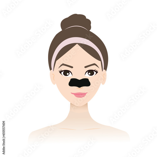 Cute woman with black charcoal pore strip on nose vector illustration isolated on white background. Nose pore strip remove blackheads, excess oil to help clear and tighten pores on nose. Skin care and