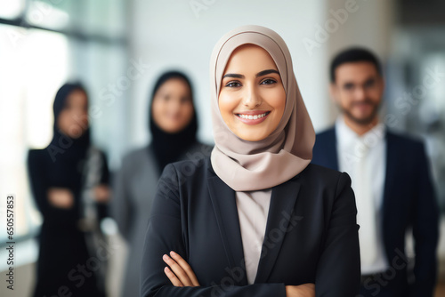 beautiful muslim business woman smiling with arms crossed in office, her team blur behind