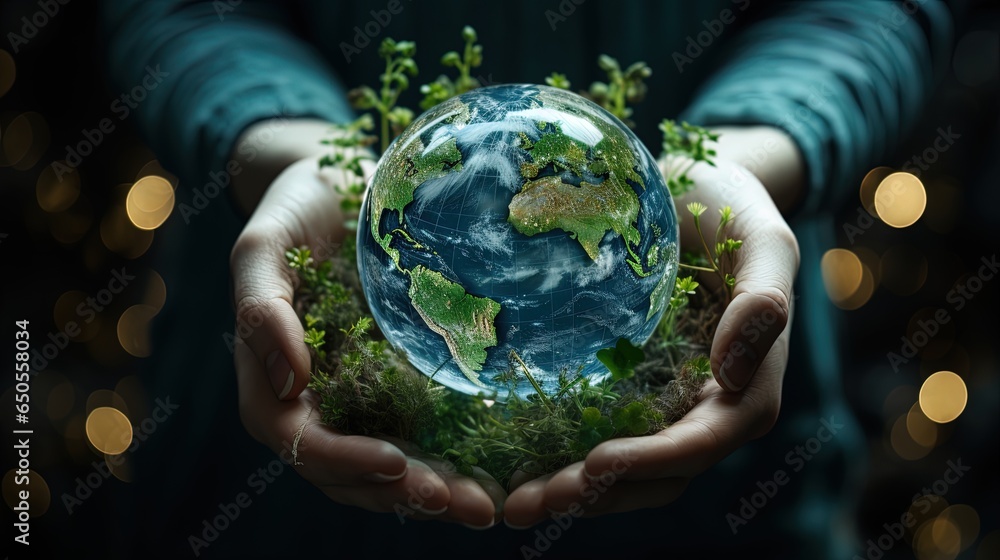 Hands Holding Earth Globe Glass with care - Environment Sustainability Concept
 - obrazy, fototapety, plakaty 