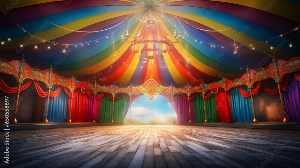 Colorful multi colored circus tent background and twinkling lights with space for copy. - obrazy, fototapety, plakaty 