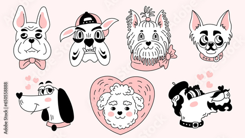 Comic dogs set. Cartoon doodle style various breeds puppies collection. Vector illustration for print, card, poster, banner, kid