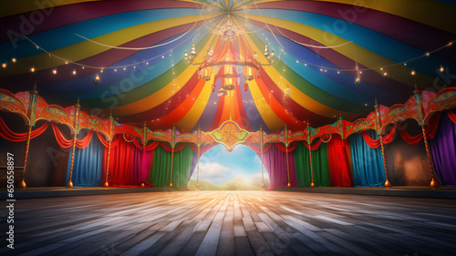 Colorful multi colored circus tent background and twinkling lights with space for copy.