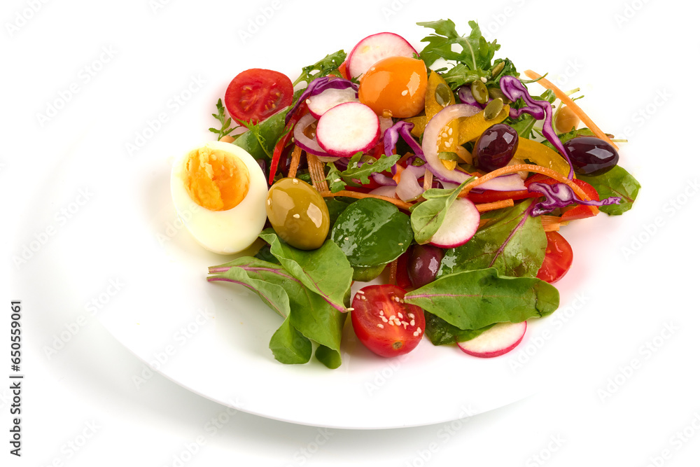 Vegetarian salad with eggs, arugula salad, olives and fresh vegetables isolated on white background. Vegetarian salad with eggs, arugula salad, olives and fresh vegetables isolated on white background.