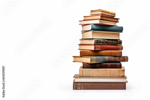 A lot to read, large pile of old books, isolated over white background.