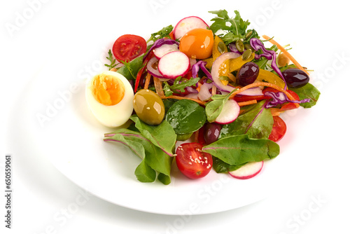 Vegetarian salad with eggs, arugula salad, olives and fresh vegetables isolated on white background.