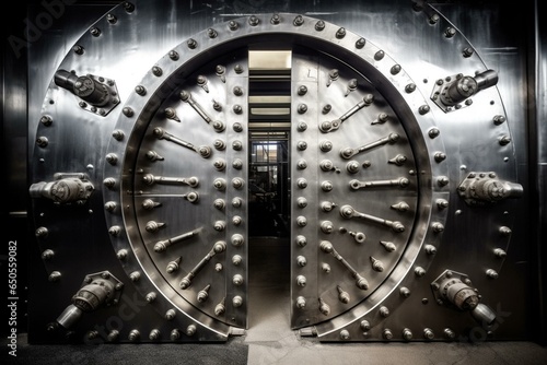 The gate of a massive steel bank vault door, opening and closing with rivets and welds. Generative AI