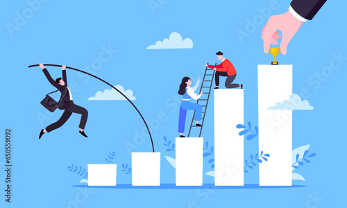 Businessman jumps pole vault over graph bars flat style design vector illustration business concept. Business growth and goal achievement concept.