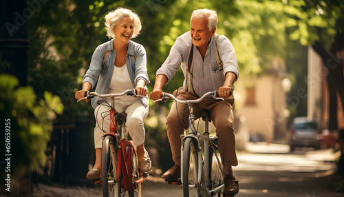 Old people riding a bike. healthy lifestyle. Generative AI