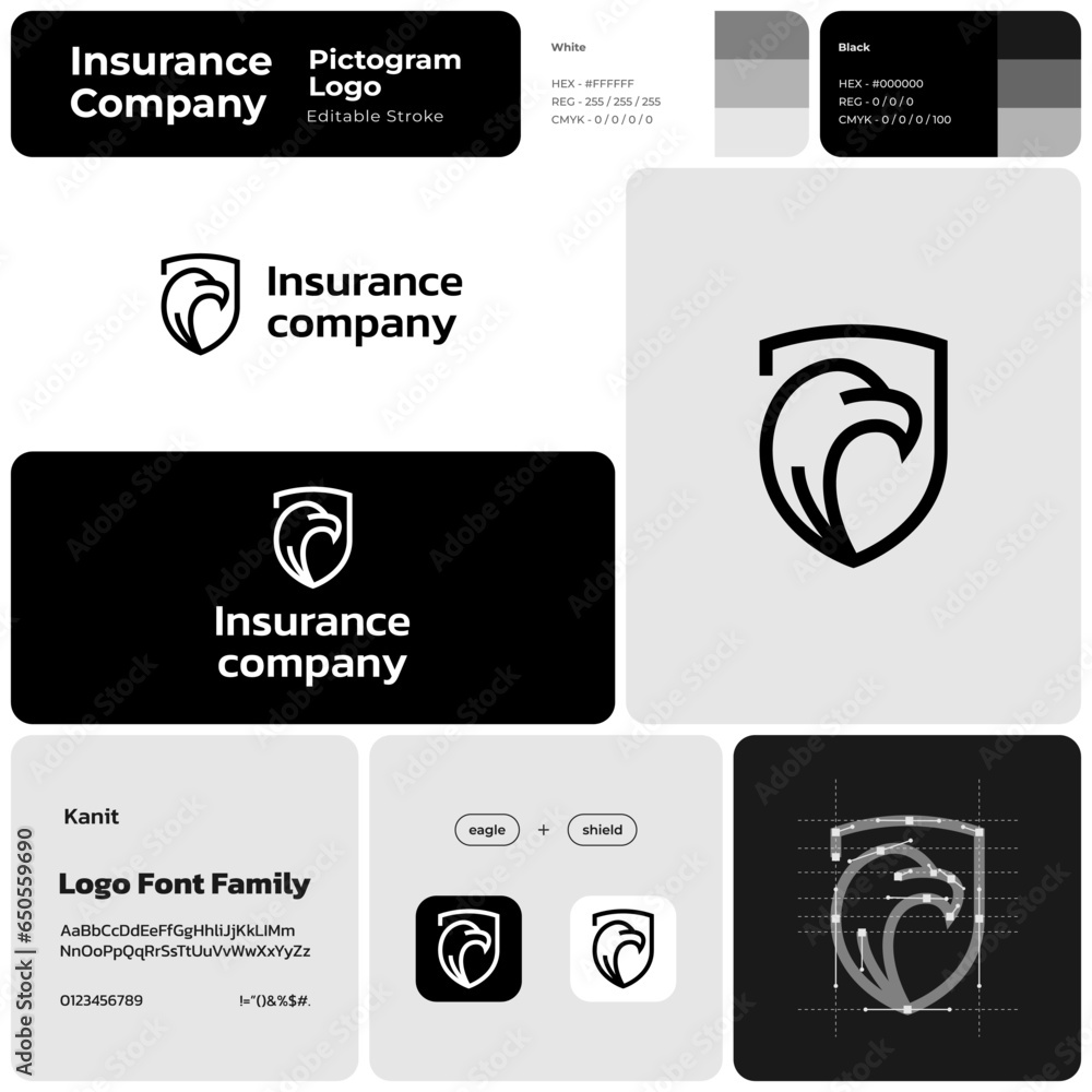 Insurance company monochrome logo with brand name. Eagle and shield icon. Design element. Visual identity. Black and white template with kanit font. Suitable for insurance, financial protection.