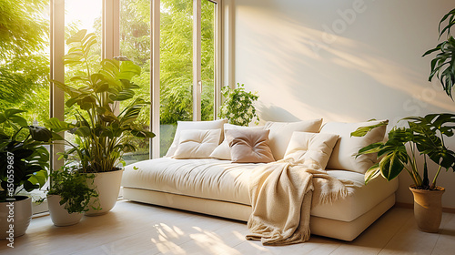 Luxurious room with big windows, lots of plants, white sofa