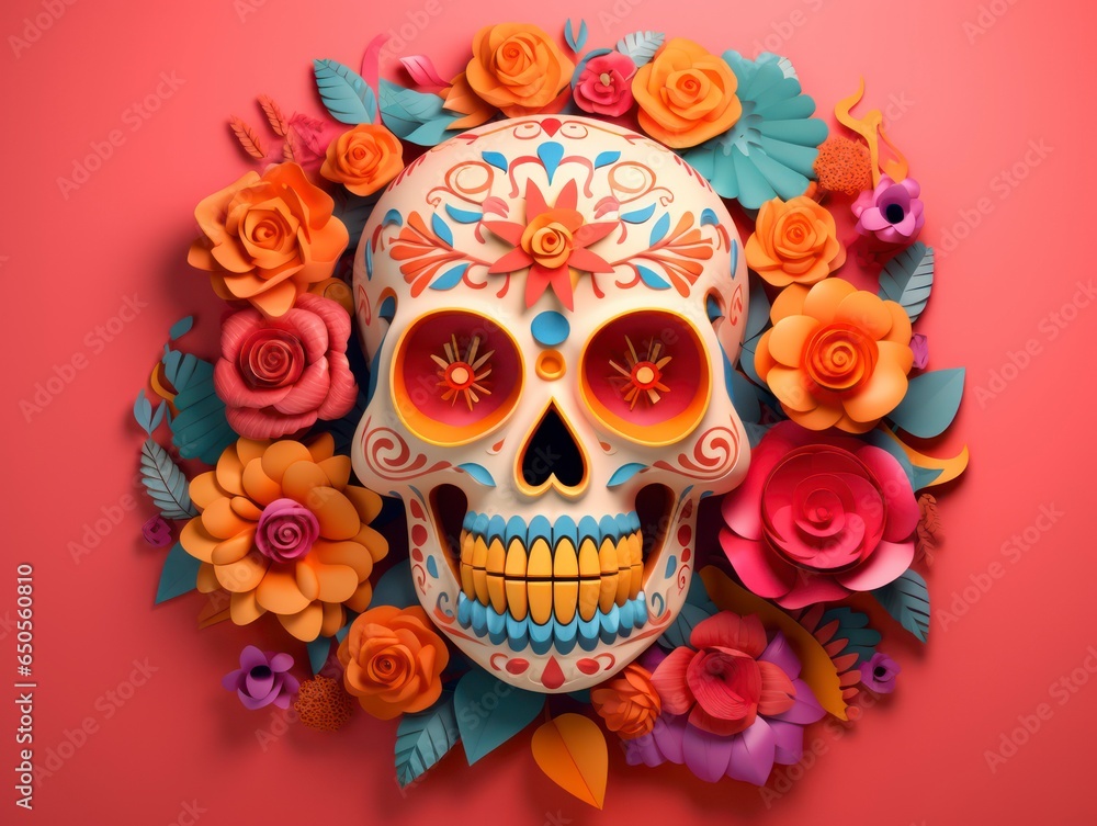 3d style Day of the Dead bright colors composition