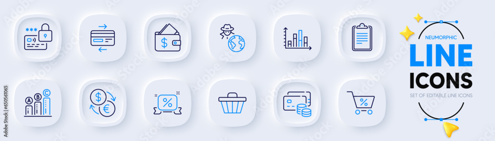 Credit card, Graph chart and Fraud line icons for web app. Pack of Clipboard, Shop cart, Lock pictogram icons. Discounts ribbon, Currency exchange, Money signs. Special offer, Wallet. Vector Credit card, Graph chart and Fraud line icons for web app. Pack of Clipboard, Shop cart, Lock pictogram icons. Discounts ribbon, Currency exchange, Money signs. Special offer, Wallet. Vector