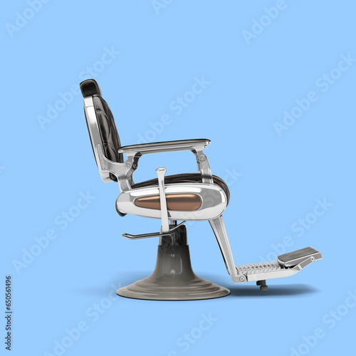 Retro black leather barber chair with chrome inserts right view 3d render on blue