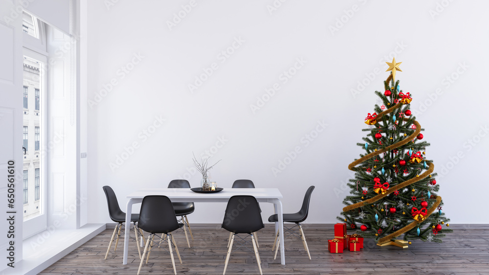 Fototapeta premium Decorated Christmas tree in a Scandinavian dining room with copy space. Minimalist and elegant living room 3d interior render design with Christmas concept.