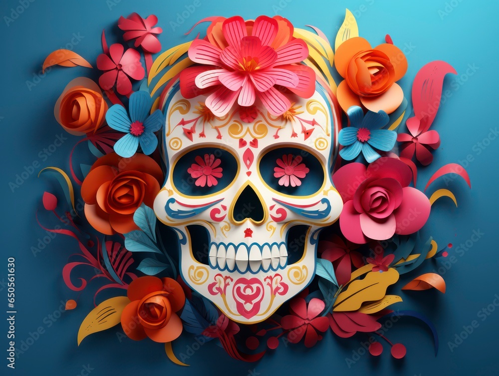 3d style minimalistic Day of the Dead celebration bright colors composition