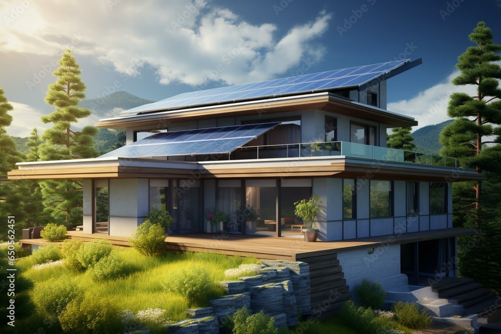 house with solar panels on roof. Generative AI