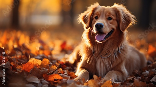 Happy golden retriever dog on natural background at autumn