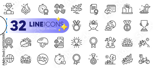 Outline set of Honor, Timer and Best rank line icons for web with Yoga, Sports arena, Best result thin icon. Bicycle parking, Bicycle helmet, Winner pictogram icon. Vegetables. Vector