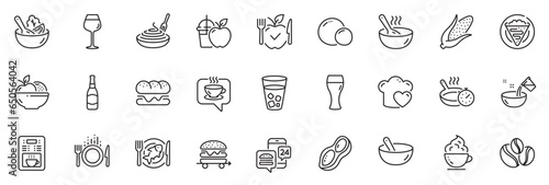 Icons pack as Peanut, Beer bottle and Beer glass line icons for app include Fruits, Cook, Food delivery outline thin icon web set. Vegetarian food, Pasta dish, Seafood pictogram. Peas. Vector