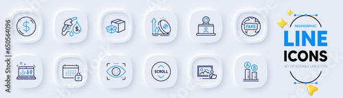 Photo studio, Petrol station and Calendar line icons for web app. Pack of Eye detect, Sound check, Scroll down pictogram icons. Packing boxes, Excise duty, Fake news signs. Dollar money. Vector