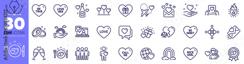 Friend, Call me and Love line icons pack. Romantic gift, Love heart, Hold heart web icon. Be true, Wedding rings, Lgbt pictogram. Divorce lawyer, Friends world, Be sweet. Rainbow. Vector