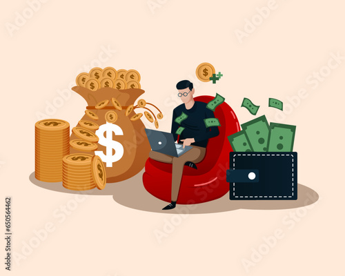 Freelancer working from home, sitting on the sofa, using a laptop to earn money online income.