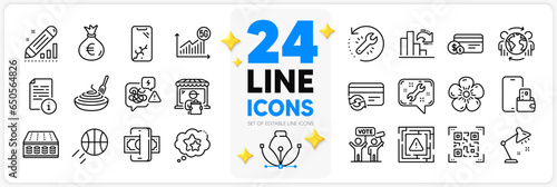 Icons set of Stress, Qr code and Decreasing graph line icons pack for app with Natural linen, Manual, Pasta dish thin outline icon. Table lamp, Spanner, Ranking stars pictogram. Vector