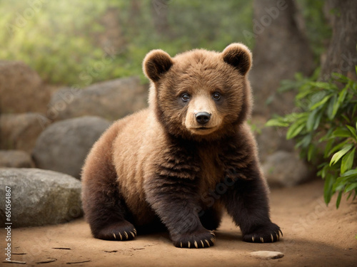 Brown bear sitting on the sand in the forest. Wildlife scene. AI-Generated