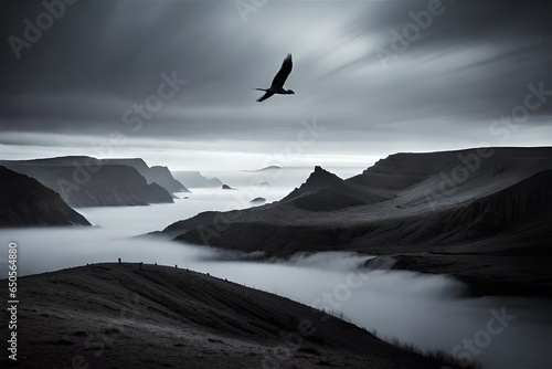 bird flying over misty hills  monochrome nature la
