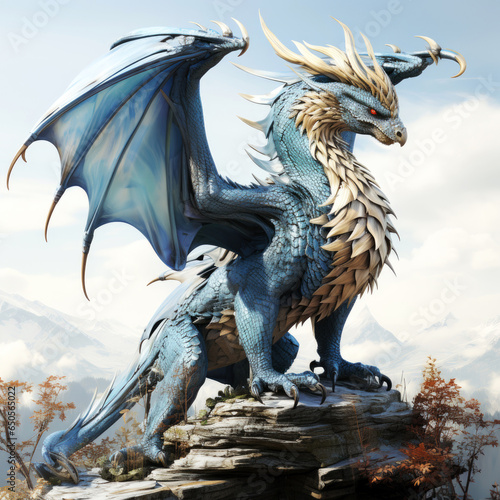 Blue dragon with open wings is under blue sky © evannovostro